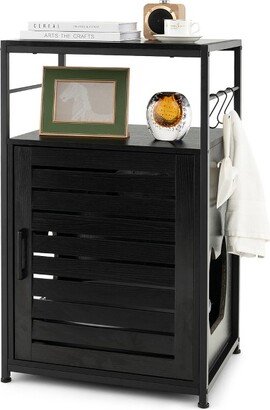 Cat Litter Box Enclosure with Louvered Door& 3-Tier Shelf Cat House Side Table Black