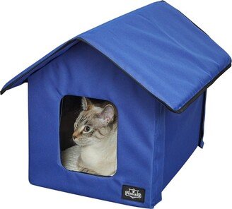 Heated Cat House - Double-Door Cat Bed with Zippered Roof, Pet Heating Pad, and Cover - For Garage, Porch, Barn, or Basement by Blue)