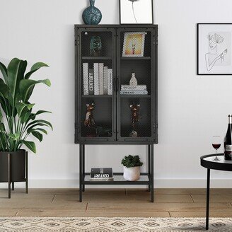 Floor Cabinet with 2 Mesh Doors Display Cabinet with Adjustable Shelves and Bottom Shelf-AA