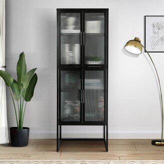 Floor Storage Cabinet with 4 Tempered Glass Doors, Display High Cabinet with Adjustable Shelves Black-AA