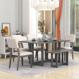 EDWINRAYLLC 6-Piece Dining Table Set H-shaped Support Design Dining Table, Four Chairs with Soft Cushions and One Wooden Bench