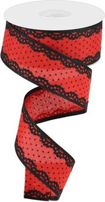 Raised Swiss Dots/Lace Red/Black Wired Ribbon, 1.5