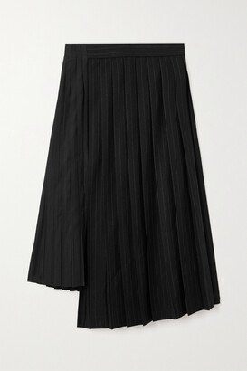 Pleated Pinstriped Asymmetric Wool And Poplin Midi Skirt - Black