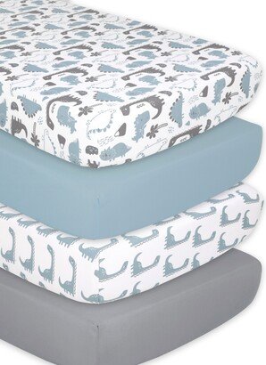 The Dino 4 Pack Crib Fitted Sheet Set - Blue, Gray, White