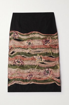 Embroidered Silk And Mesh Midi Skirt - Black