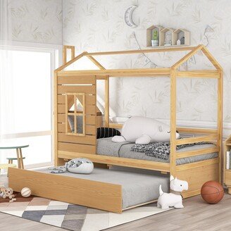 Calnod Twin Size House Bed with 1 Trundle Wood Bed