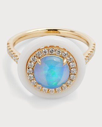 David Kord 18K Yellow Gold Ring with Round Opal, Diamonds and White Frame, 0.99tcw, Size 7