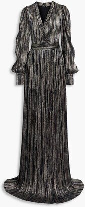 Wrap-effect metallic jacquard gown