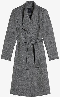 Womens Black Roseane Belted-waist Herringbone Wool Coat