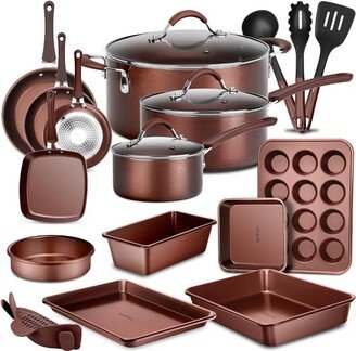 20-Pc. Nonstick Kitchen PTFE/PFOA/PFOS-Free Heat Resistant Silicone Handles Cookware Bakeware Set w/Saucepan, Brown