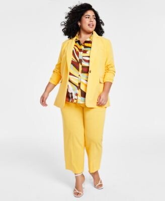 Plus Size Bi Stretch One Button Jacket Swirl Printed Sleeveless Button Front Top Bi Stretch Straight Leg Pants Created For Macys