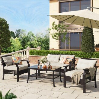 TOSWIN 4 Piece Rattan Sofa Seating Group Modern Outdoor Patio Loveseat and Armrests Chairs Sets with Comfort Cushions & Coffee Table