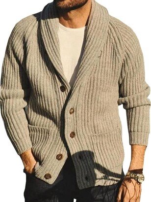 GUOCU Men's Shawl Collar Cardigan Sweater Chunky Knitted Jacket Solid Color Lapel Cable Knit Button up Sweater Knitwear Outerwear with Pockets Khaki XS