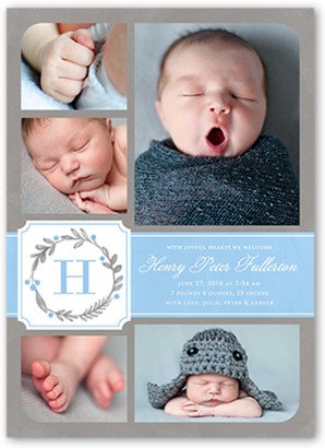 Birth Announcements: Wreath Monogram Boy Birth Announcement, Blue, Matte, Signature Smooth Cardstock, Square