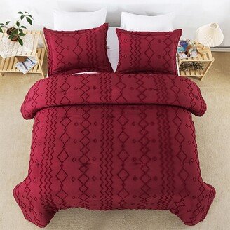 Snake River Décor 3PCS Tufted Comforter Set Boho Geometry Embroidery Queen Burgundy