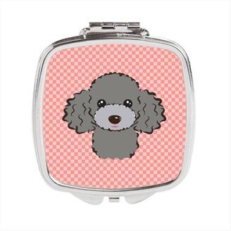 BB1259SCM Checkerboard Pink Silver Gray Poodle Compact Mirror, 2.75 x 3 x .3 In.