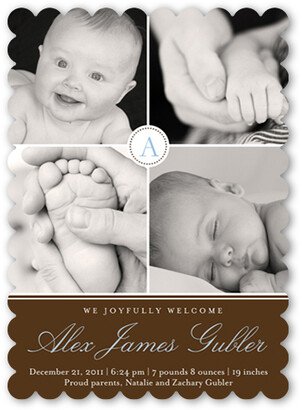 Baby Boy Birth Announcements: Script Baby Blue Birth Announcement, Brown, Pearl Shimmer Cardstock, Scallop