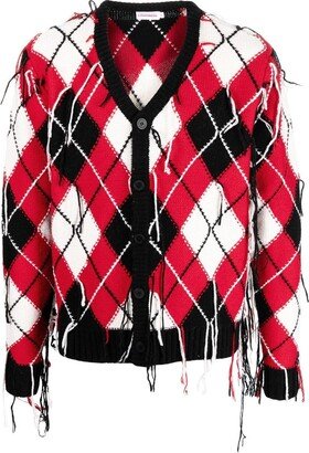 fringed argyle-knit V-neck cardigan