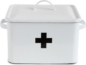 Enameled Metal First Aid Box with Lid and Swiss Cross, White and Black