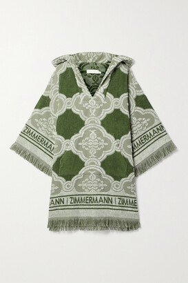 Hooded Fringed Cotton-terry Jacquard Coverup - Green