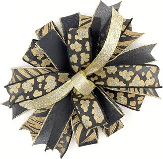 Pre-Made Black & Gold Cheetah Print Bow For Wreaths Lanterns, Leopard Decorative Outside Front Door, Wreath Accessory