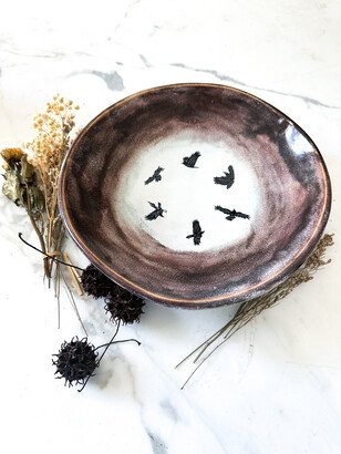 Birds in Flight Asymmetrical Hand-Built Stoneware Serving Bowl 10 Inch