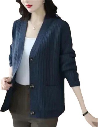 Hdhdeueh Women Knitted Cardigan V-Neck Long Sleeve Pocket Short Knitwear Sweater Picture Color XXL