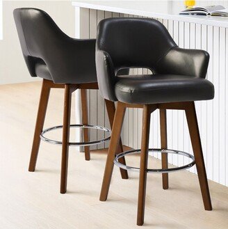 26.5 Edward Armrest Black Faux Leather Thick Seat 360° Swivel Barstool Combine with Rubberwood Legs and Silver Footrest(Set of 2)-Maison Boucle