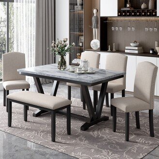 GEROJO White Elegant 6-Piece Dining Table Set with Marbled Veneers Tabletop and Upholstered Chairs, V-Shaped Table Legs