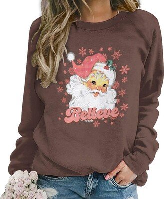 PORCLAY Women's Novelty Christmas Sweatshirts Cute Santa Claus Graphic Crew Neck Sweatshirt Casual Loose Long Sleeve Pullover Coffee L