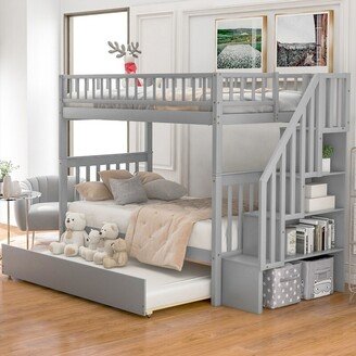 AOOLIVE Twin over Twin Bunk Bed with Trundle and Storage, Pine, Grey