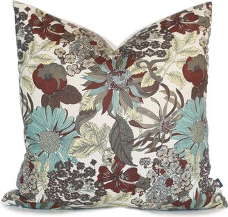 Retro Vintage Style Floral Throw Pillow Cover Ivory Mint Decorative Cotton Pillowcase Cozy Couch Brown Flower Leaf