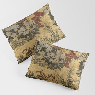 Red White Chrysanthemums Vintage Floral Japanese Gold Leaf Screen Pillow Sham