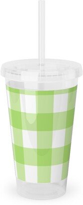 Travel Mugs: Gingham Checks Acrylic Tumbler With Straw, 16Oz, Green