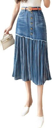 ELFTOWN Women's Pleated Patchwork Maxi Long Denim Skirt High Waist Elegant A Line Jean Skirt with Belt (Large