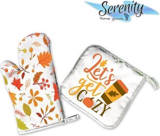 Let's Get Cozy | Decorative Kitchen Hot Plate Pot Holder Oven Mitt Set Fall Autumn Leaves