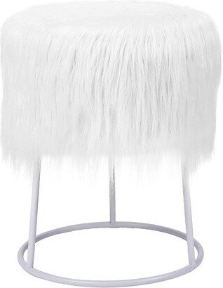 Round White Faux Fur Foot Stool Storage Ottoman with Silver Legs