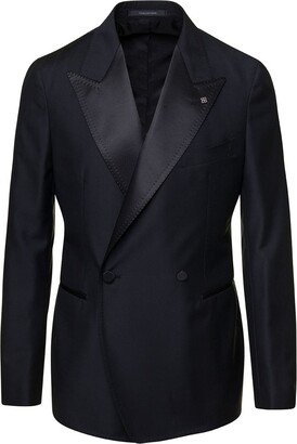 Black Double-Breasted Jacket with Wide Satin Revers and Logo Charm in Wool Man