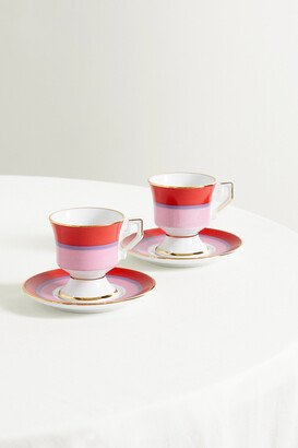 Set Of Two Gold-plated Porcelain Espresso Cups And Saucers - Pink-AA