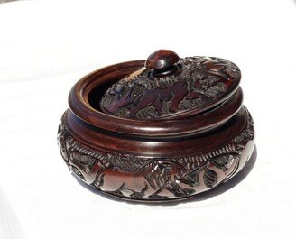 Animal Theme Ebony Hand Carved Storage Bowl With Lid. Dark Brown African Decor Coffee/Snack Bowl Big 5 Animals & Tree Carvings