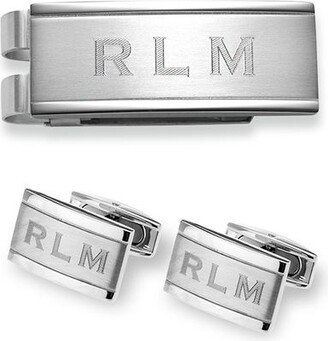 Men's Engravable Multi-Textured Money Clip and Cuff Links Set in Stainless Steel (1 Line)