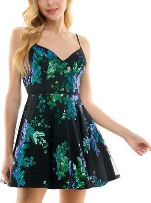 Juniors' V-Neck Sequinned Fit & Flare Dress - Black/Turquoise