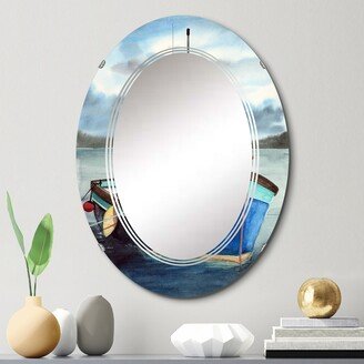 Designart 'Blue Fishing Ship With Red Roof In The Harbor' Nautical & Coastal Printed Wall Mirror