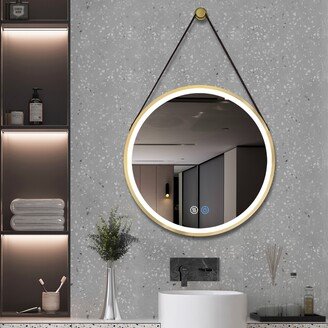 28 Inch Round Frame with Lamp Hanging Bathroom Mirror Gold