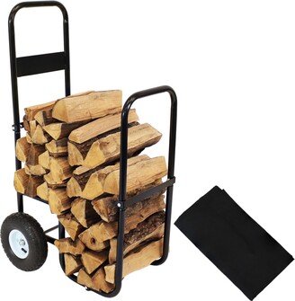 Sunnydaze Decor Steel Log Cart Carrier and Storage Rack with Wheels and Cover