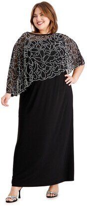 Plus Size Beaded Cape Gown - Black/Silver