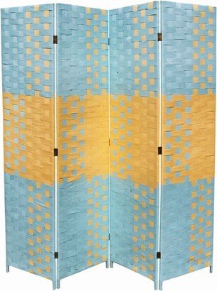 Paper Straw 4 Panel Screen with 2 Inch Wooden Legs, Blue and Yellow