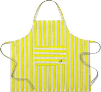 Kate Austin Designs Organic Cotton Adjustable Neck Strap Apron With Front Pocket And Waist Tie Closures In Yellow And White Cabana Stripe Block Print
