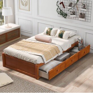 Twin Size Wood Platform Storage Bed with 3 Drawers Oak