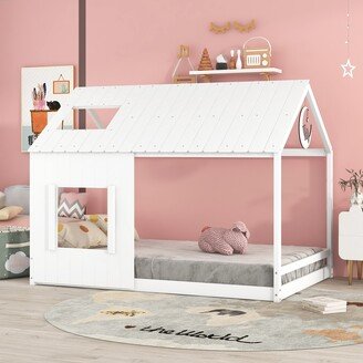 GEROJO White Whimsical Pine Wood Full House Bed with Roof and Window, Can be Decorated, No Box Spring Required